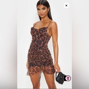Brown Mesh Leopard Print Ruched Bodycon Dress